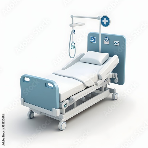 Hospital Bed with White Bedding and Blue Side Rails