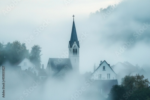 A distant church steeple piercing the morning mist, with the surrounding village softened by the mist.