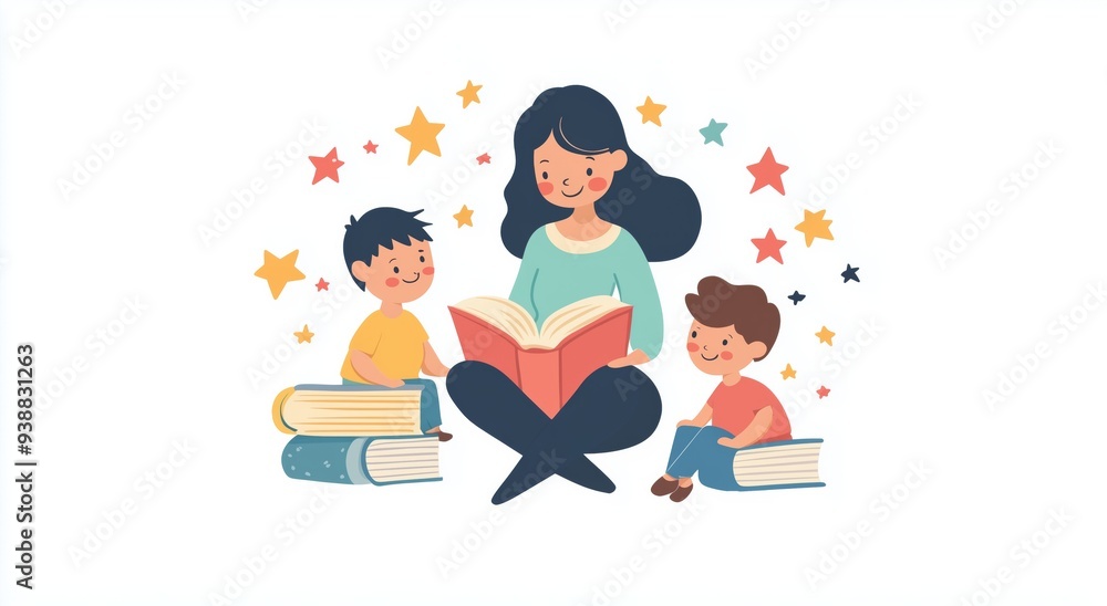 Flat design illustration of a teacher reading to children, woman sitting on the floor with books and kids, surrounded by scattered books and floating yellow stars, magical and educational Flat design illustration of a teacher reading to children, woman sitting on the floor with books and kids, surrounded by scattered books and floating yellow stars, magical and educational