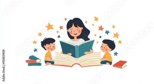 Flat design illustration of a teacher reading to children, woman sitting on the floor with books and kids, surrounded by scattered books and floating yellow stars, magical and educational