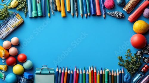 Back to school supplies flat lay on blue background with copy space. photo