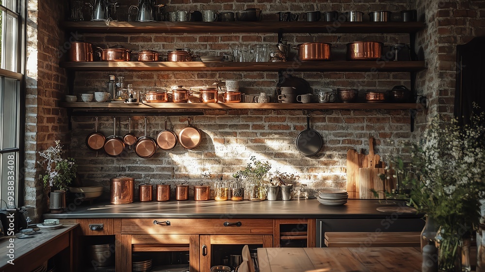 Cozy kitchen interior featuring copper cookware, rustic shelves, and a warm ambiance, perfect for culinary inspiration. Cozy kitchen interior featuring copper cookware, rustic shelves, and a warm ambiance, perfect for culinary inspiration.