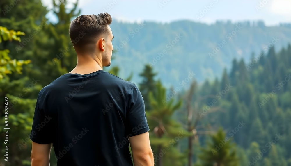 Naklejka premium mock up of a man wearing a plain black t-shirt from behind, with a mountain forest background with dense green trees