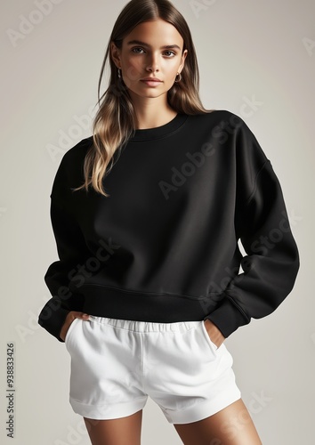 Model in Black Oversized Sweatshirt with Crew Neck and White Shorts for Fashion Concept Mockup