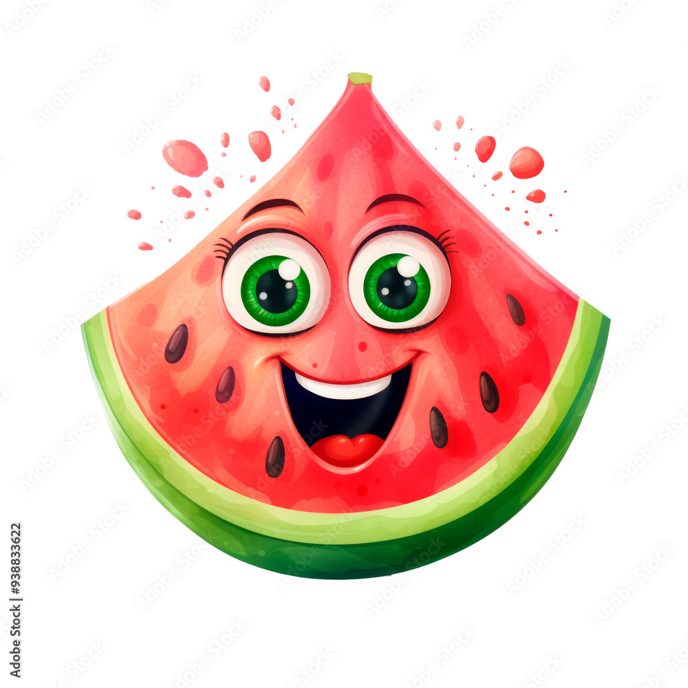 A cheerful cartoon illustration of a watermelon slice with big green eyes and a smiling face, on a transparent background. Perfect for children's products, summer promotions, or fun, playful designs A cheerful cartoon illustration of a watermelon slice with big green eyes and a smiling face, on a transparent background. Perfect for children's products, summer promotions, or fun, playful designs