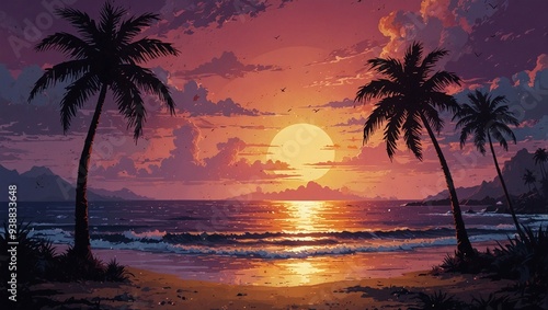 illustration of sunset view from beautiful beach with many coconut trees made by AI generative
