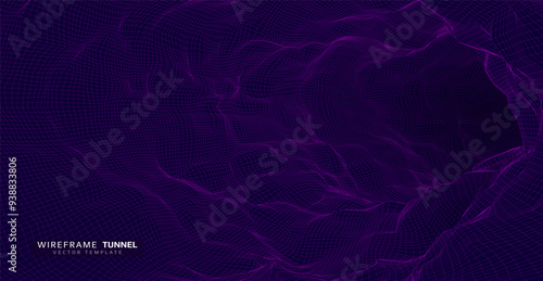 Wireframe wavy tunnel. 3D grid background. Vector illustration.