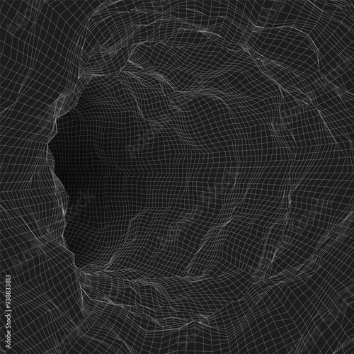 Wireframe wavy tunnel. 3D grid background. Vector illustration.