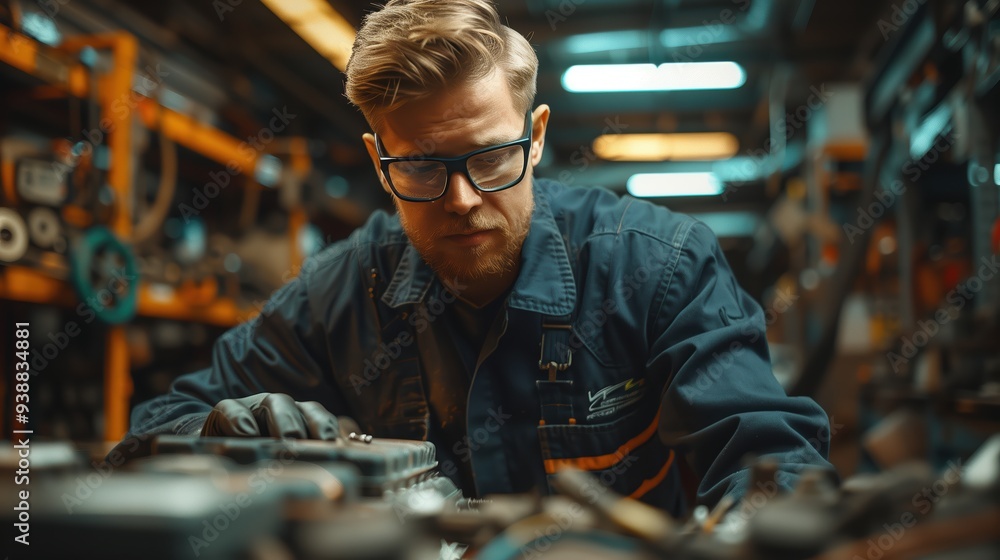 Cinematic Portrait of American Auto Technician in Workshop Focused on Engine Repair and Maintenance Cinematic Portrait of American Auto Technician in Workshop Focused on Engine Repair and Maintenance