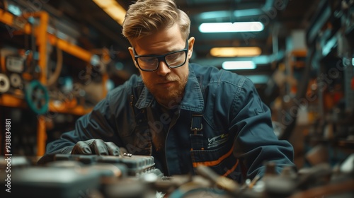 Cinematic Portrait of American Auto Technician in Workshop Focused on Engine Repair and Maintenance