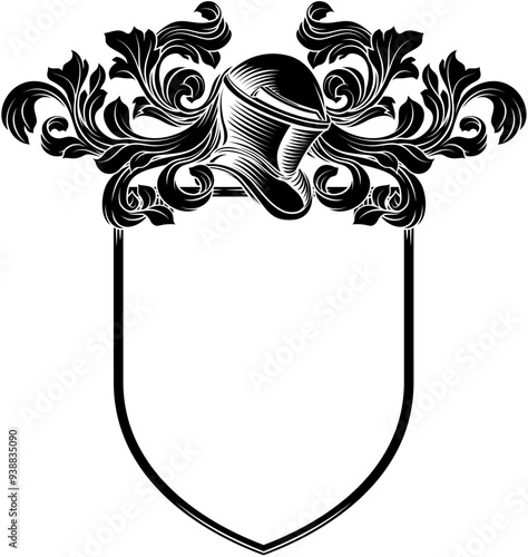 Coat of arms crest knight family medieval shield heraldry heraldic armorial motif. Featuring a knights helm helmet in a vintage etching engraving woodcut style