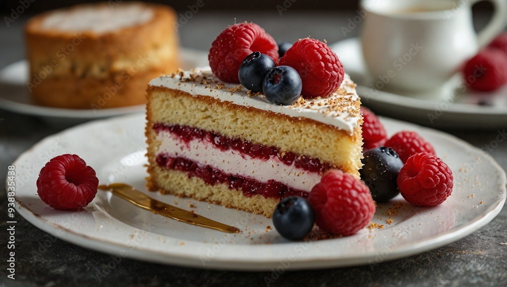 photo of a plate of sponge cake with cream with several types of berry toppings made by AI generative photo of a plate of sponge cake with cream with several types of berry toppings made by AI generative