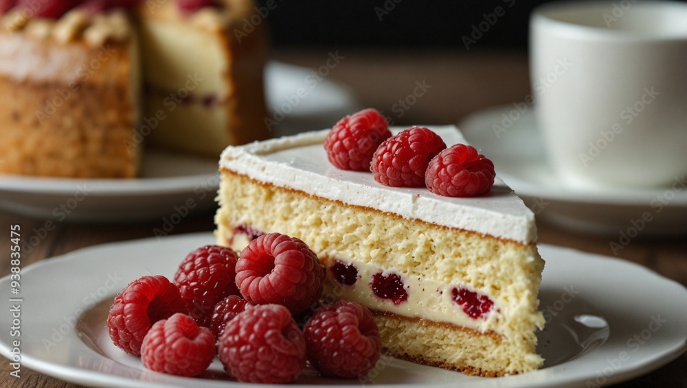 photo of a slice of sponge cake with cream and berry topping that looks delicious made by AI generative photo of a slice of sponge cake with cream and berry topping that looks delicious made by AI generative
