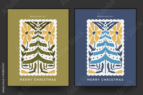 Christmas tree abstract floral matisse minimal style. hand drawn flat and textured design art set for wall decor, post card, poster, cover.