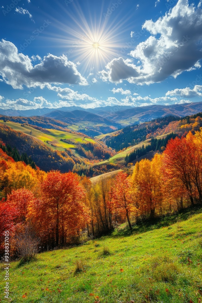 Fototapeta premium Sunlit autumn hills with colorful foliage