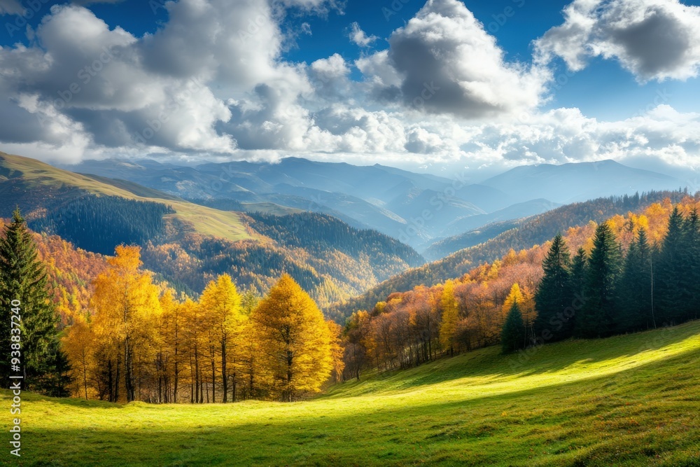 Vibrant fall trees and distant mountains in daylight Vibrant fall trees and distant mountains in daylight
