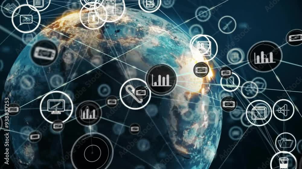 Global network of data icons and connections animation over Earth Global network of data icons and connections animation over Earth