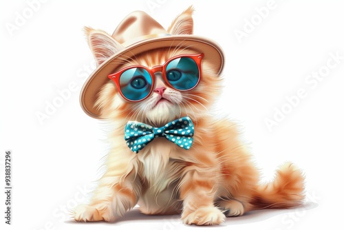 Stylish funny cute kitten in a bow tie and stylish hat with sunglasses and happily smiling printable clipart cartoon illustration on a white background