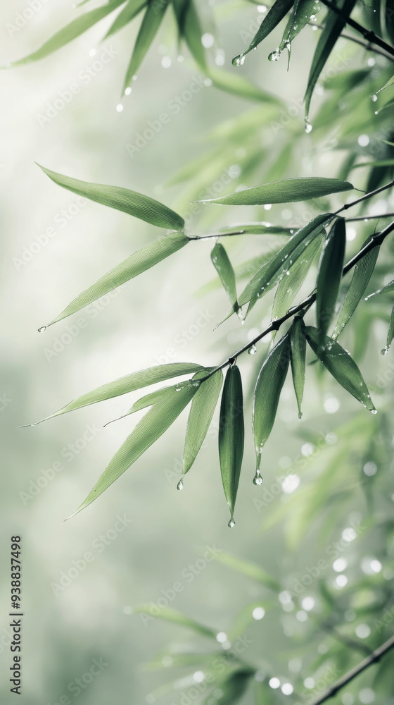 A leafy green plant with raindrops on it. Concept of tranquility and calmness, as the raindrops gently fall on the leaves, creating a peaceful atmosphere A leafy green plant with raindrops on it. Concept of tranquility and calmness, as the raindrops gently fall on the leaves, creating a peaceful atmosphere