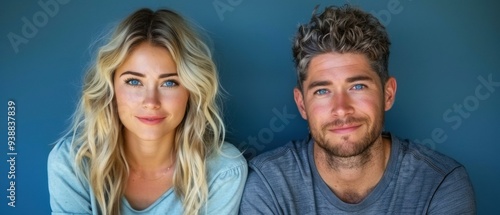 A young man and woman with blue eyes and blond hair pose for a photo. AI.