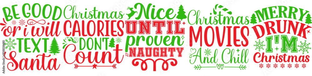 Fototapeta premium Simple Christmas Trendy Retro Style Illustration, Phrases Bundle Vector Illustration for Poster, T-Shirt Design, Newsletter