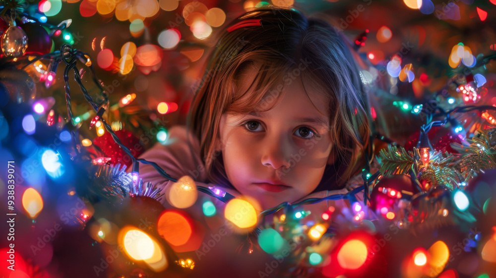 A young girl is lying in a Christmas tree with many lights A young girl is lying in a Christmas tree with many lights