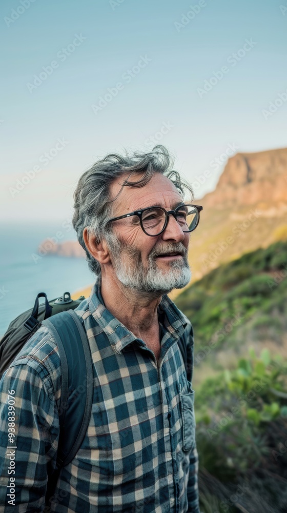 A man with a beard and glasses is hiking in the mountains. AI. A man with a beard and glasses is hiking in the mountains. AI.