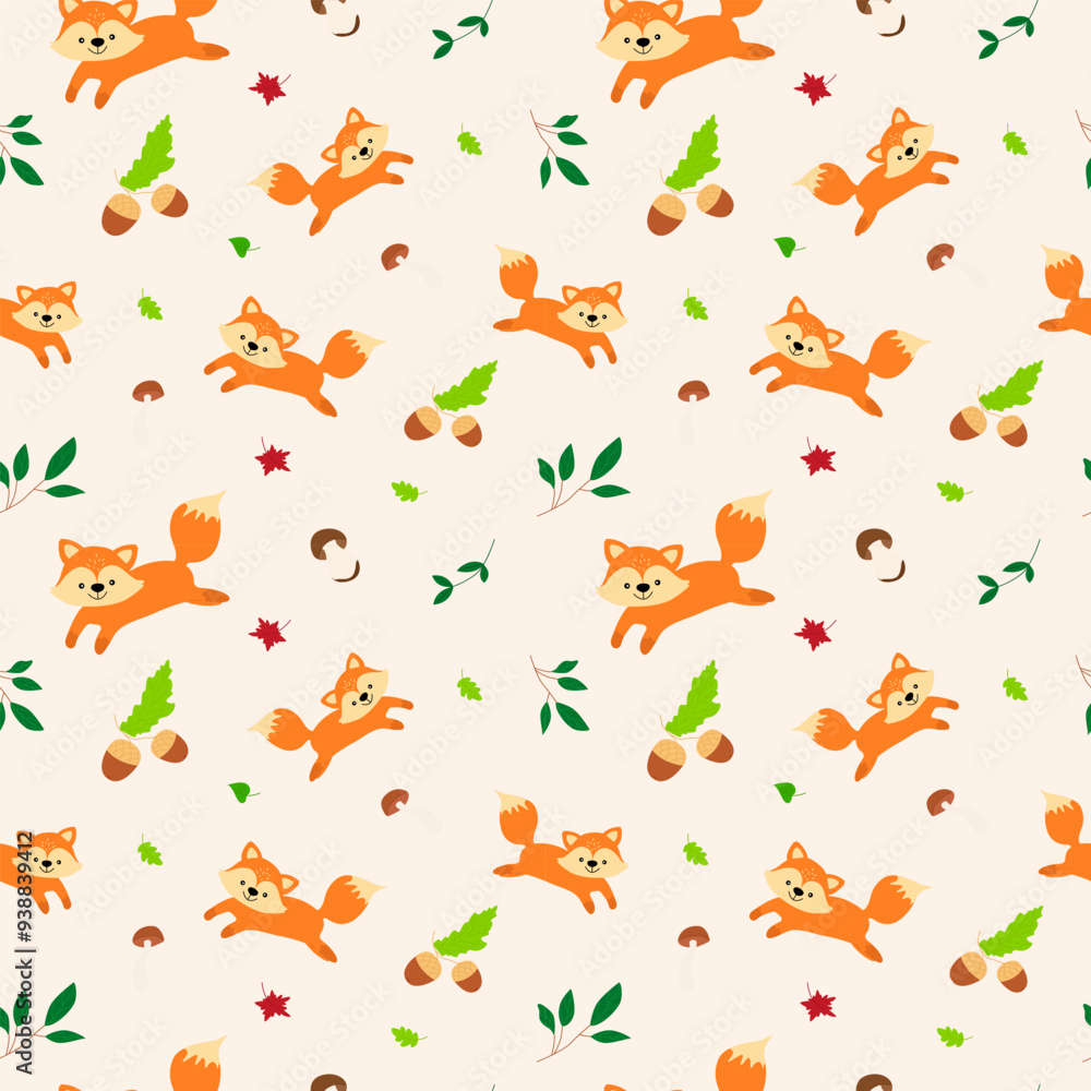 Obraz premium Seamless forest pattern with cute forest animals - illustrations of fox, deer, hedgehog, squirrel, bear. Acorns, cones, twigs, leaves, forest mushrooms. Autumn. Golden autumn. Hand drawn, doodle style