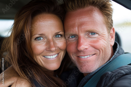 Smiling middle-aged couple taking a selfie with seatbelts on, enjoying their time in the car with the interior clearly visible in the background.