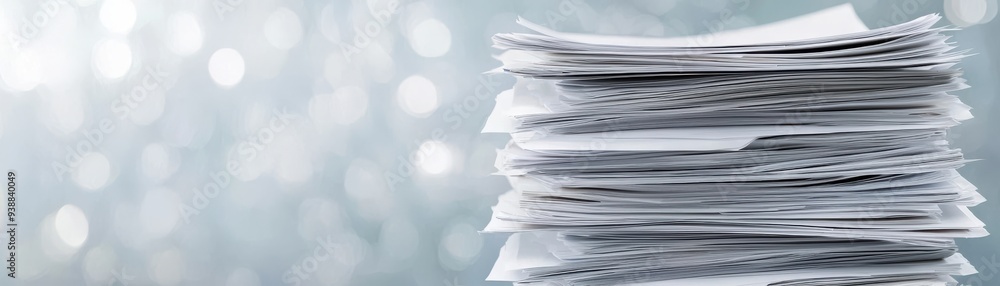 neatly stacked paper pile with a blurred background, ideal for office or organizational themes. neatly stacked paper pile with a blurred background, ideal for office or organizational themes.