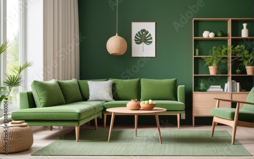 Green sofa and chair against green wall with book shelf. Scandinavian home interior design of modern living room with greenery