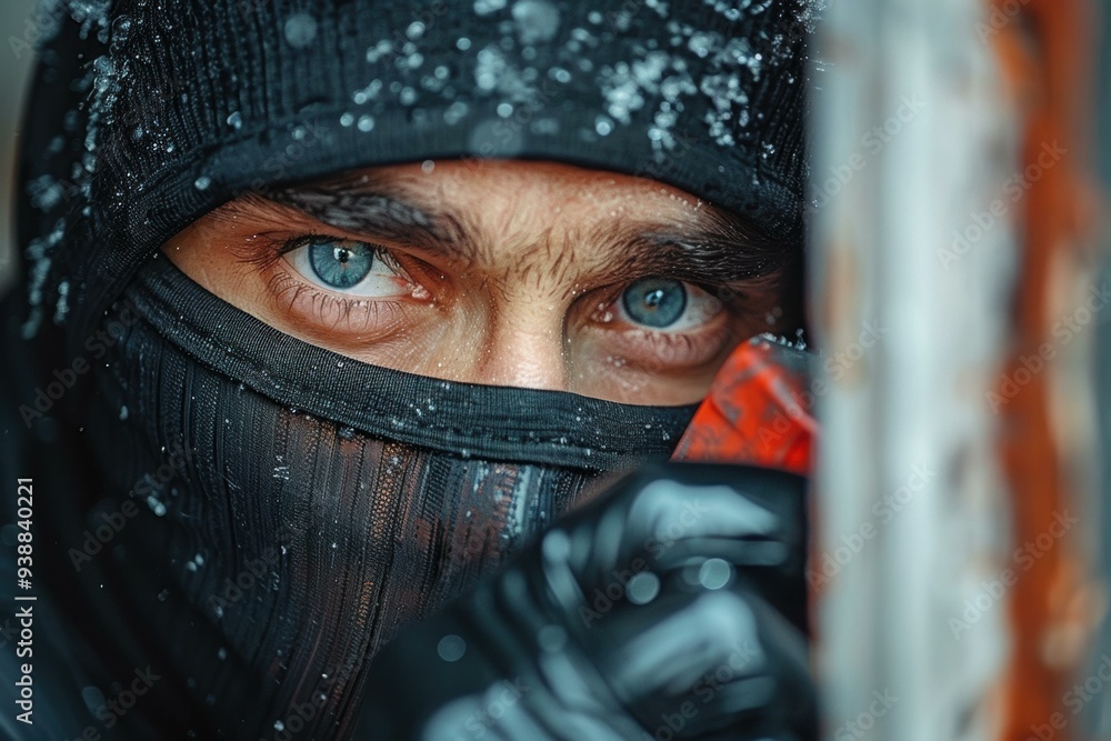 A close-up of a person's eyes peering through a black mask. AI. A close-up of a person's eyes peering through a black mask. AI.