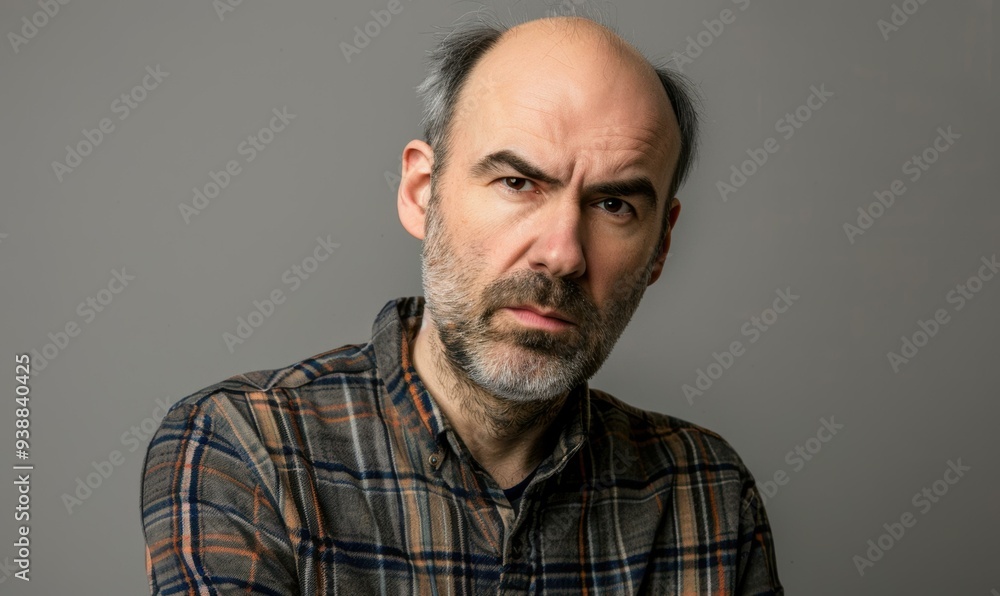 A man with a beard and a plaid shirt looks intensely at the camera. AI. A man with a beard and a plaid shirt looks intensely at the camera. AI.