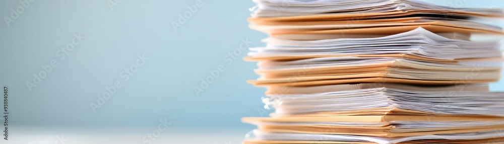 neatly stacked pile of documents on a soft blue background, showcasing office organization and paperwork management. neatly stacked pile of documents on a soft blue background, showcasing office organization and paperwork management.