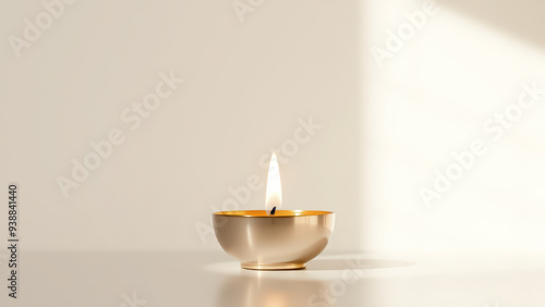 A single lit candle in a golden bowl