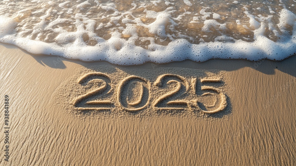 Fototapeta premium 2025 Beach Sand Writing with Ocean Wave - New Year, Future, and Nature Concept