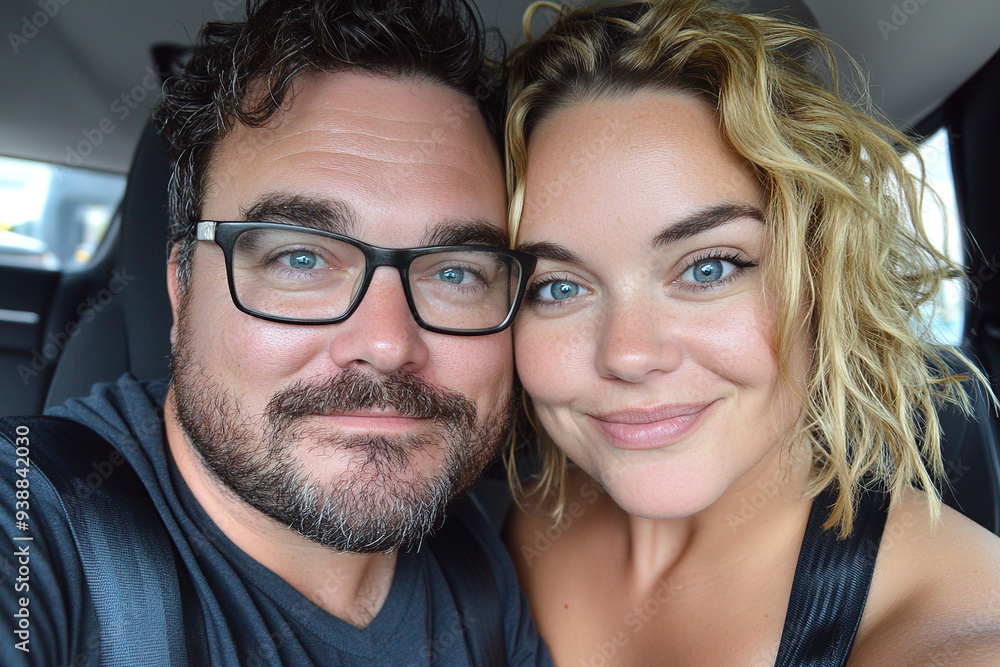 Happy middle-aged couple enjoying a car selfie, both securely fastened with seatbelts and grinning at the camera, with the car's interior in view. Happy middle-aged couple enjoying a car selfie, both securely fastened with seatbelts and grinning at the camera, with the car's interior in view.