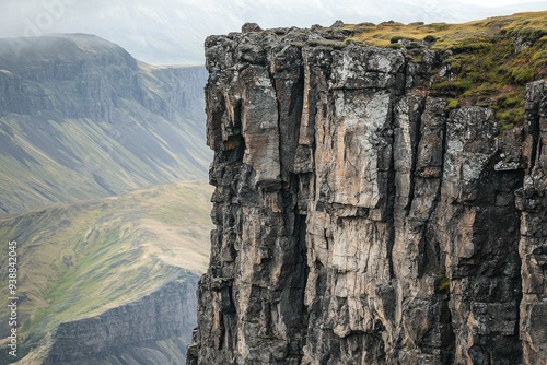 A far-off cliff face, with rugged textures and crevices 