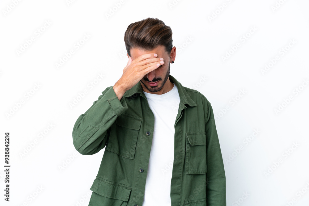 Young caucasian man isolated on white background with headache Young caucasian man isolated on white background with headache