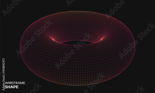 Wireframe torus shape. Futuristic 3D hud element. Geometric grid. Vector illustration.