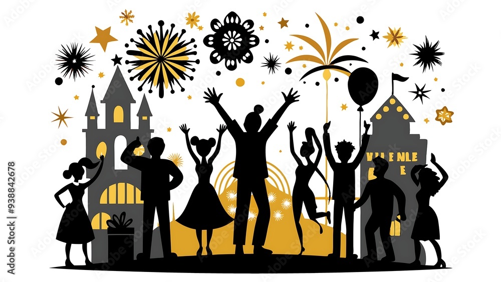 New Year Celebration Silhouette Vector on White Background New Year Celebration Silhouette Vector on White Background