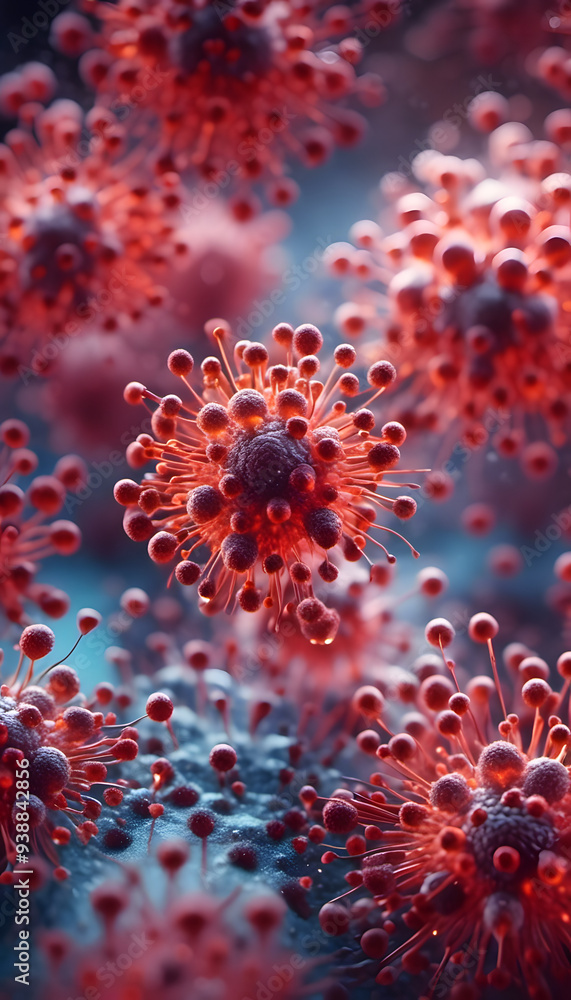 A close-up view of virus particles, showcasing their intricate structure with red spikes and a textured surface. The background is blurred, emphasizing the virus details. A close-up view of virus particles, showcasing their intricate structure with red spikes and a textured surface. The background is blurred, emphasizing the virus details.