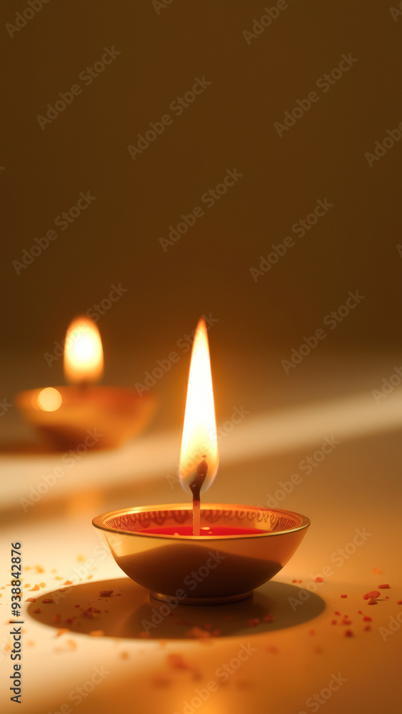 Burning Candle in a Golden Diya Burning Candle in a Golden Diya