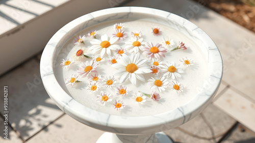 Daisies Floating in a White Bowl