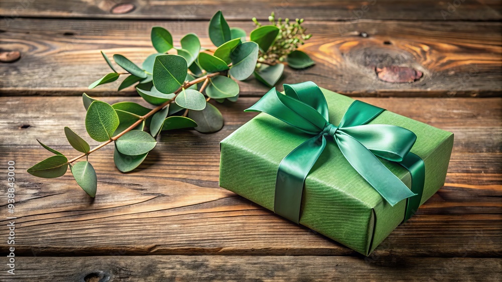 A beautifully wrapped present with a vibrant green gift box adorned with a elegant ribbon and a sprig of fresh eucalyptus, set on a rustic wood table. A beautifully wrapped present with a vibrant green gift box adorned with a elegant ribbon and a sprig of fresh eucalyptus, set on a rustic wood table.