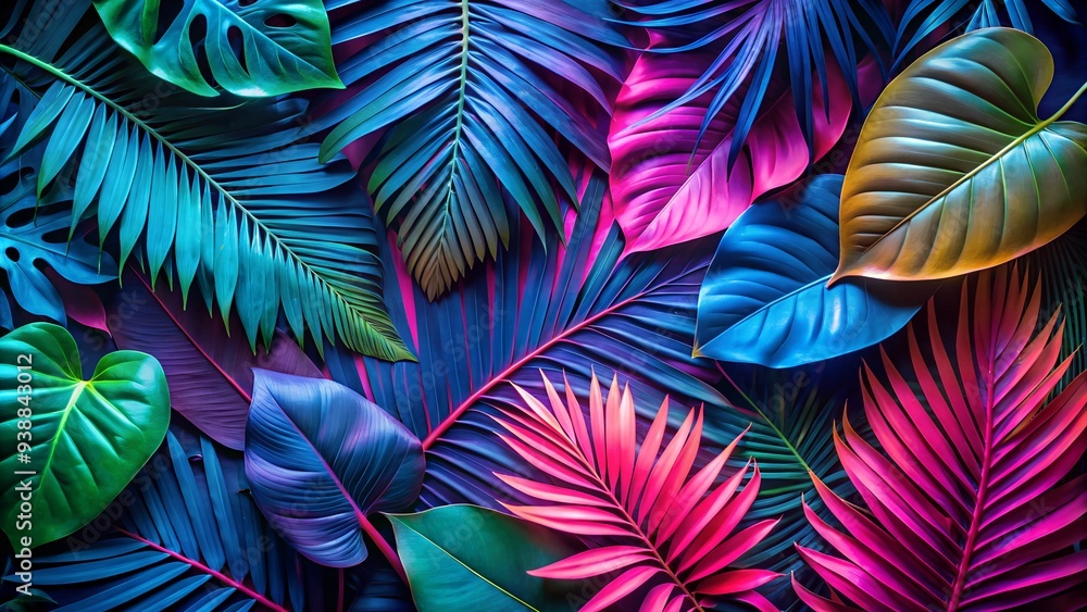 A vibrant composition of tropical leaves in neon colors. The image features various shapes and sizes of leaves in shades of blue, pink, and green, creating a visually striking and exotic scene. A vibrant composition of tropical leaves in neon colors. The image features various shapes and sizes of leaves in shades of blue, pink, and green, creating a visually striking and exotic scene.