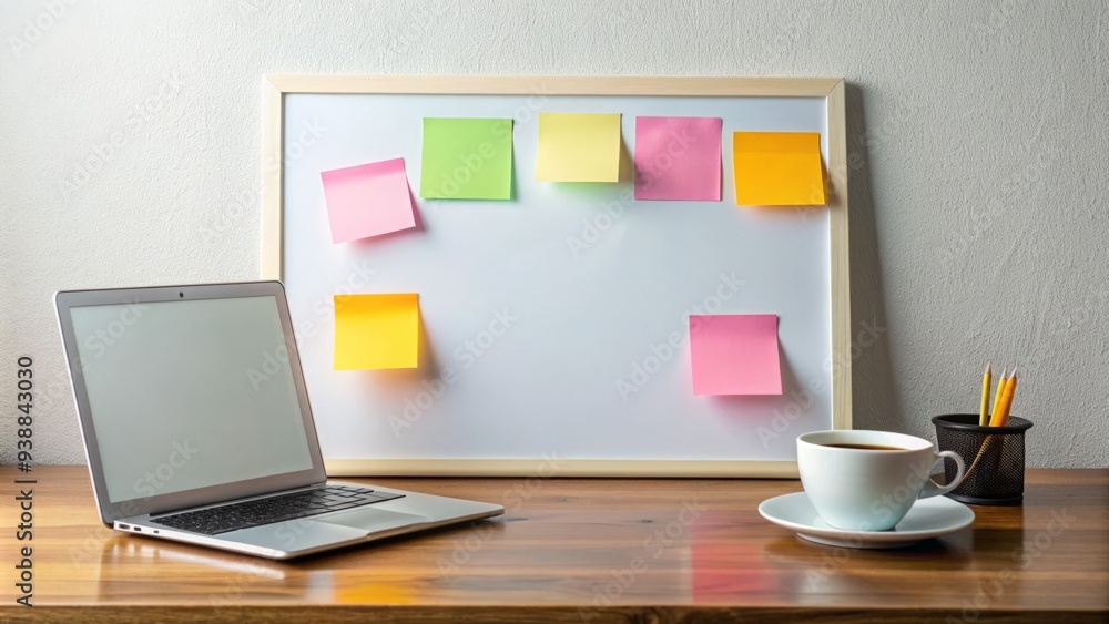 A blank whiteboard with colorful sticky notes and a cup of coffee, surrounded by a laptop and a notebook, representing a new plan or strategy. A blank whiteboard with colorful sticky notes and a cup of coffee, surrounded by a laptop and a notebook, representing a new plan or strategy.