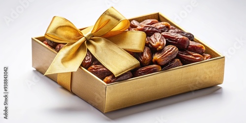 Luxurious gift box with golden ribbon, filled with delicious dates for Islamic festive occasions