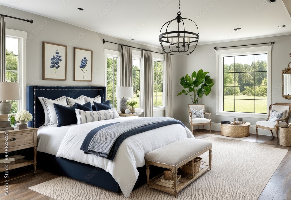 French country interior design of modern bedroom in farmhouse