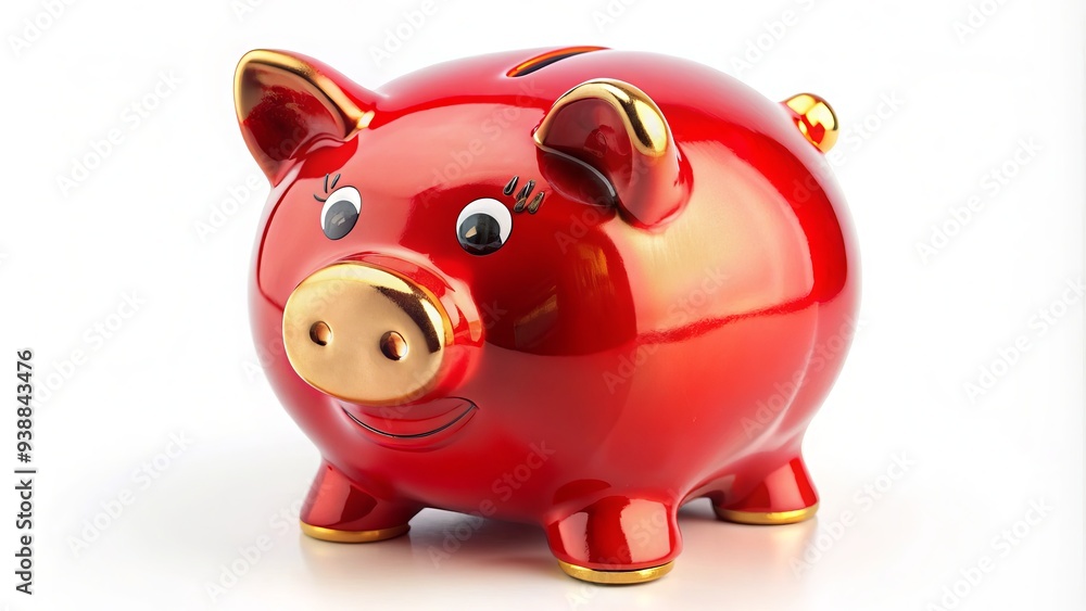 A bright red ceramic piggy bank with a golden coins slot and shiny eyes sits on a white background, symbolizing saving money and prosperity. A bright red ceramic piggy bank with a golden coins slot and shiny eyes sits on a white background, symbolizing saving money and prosperity.